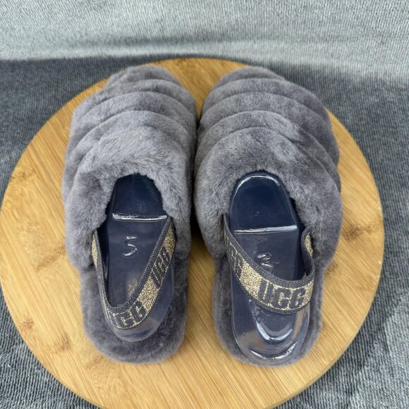 UGG Fluff Yeah Slide Shoes Youth Size 5 Gray Fuzzy Slingback Slippers 1116492K - Picture 6 of 9